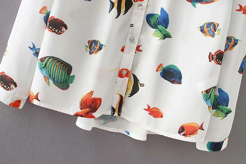 LUNDUNSHIJIA, женская шифоновая рубашка с принтом тропической маленькой рыбки, женская Свободная блузка с длинным рукавом,, летние женские топы