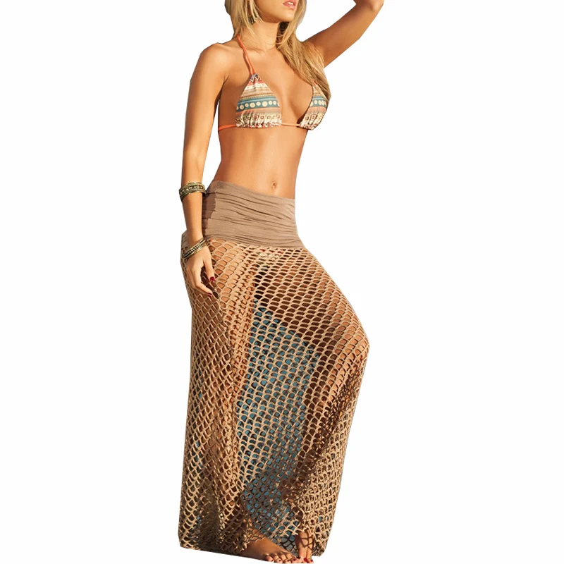 Women Mesh Hollow Out Long Skirt New 2019 Summer Crochet Bikini