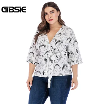 

GIBSIE Plus Size White Print V Neck Belted Kimono Women Summer New Arrival Fashion Cardigan Tops Half Sleeve Casual Kimono