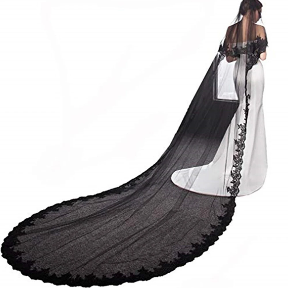 

Long 2 layers Black 3 m Cathedral Bridal Wedding Veils with comb Tulle Appliques edge Veil voile de Mariage Noir velo de novia