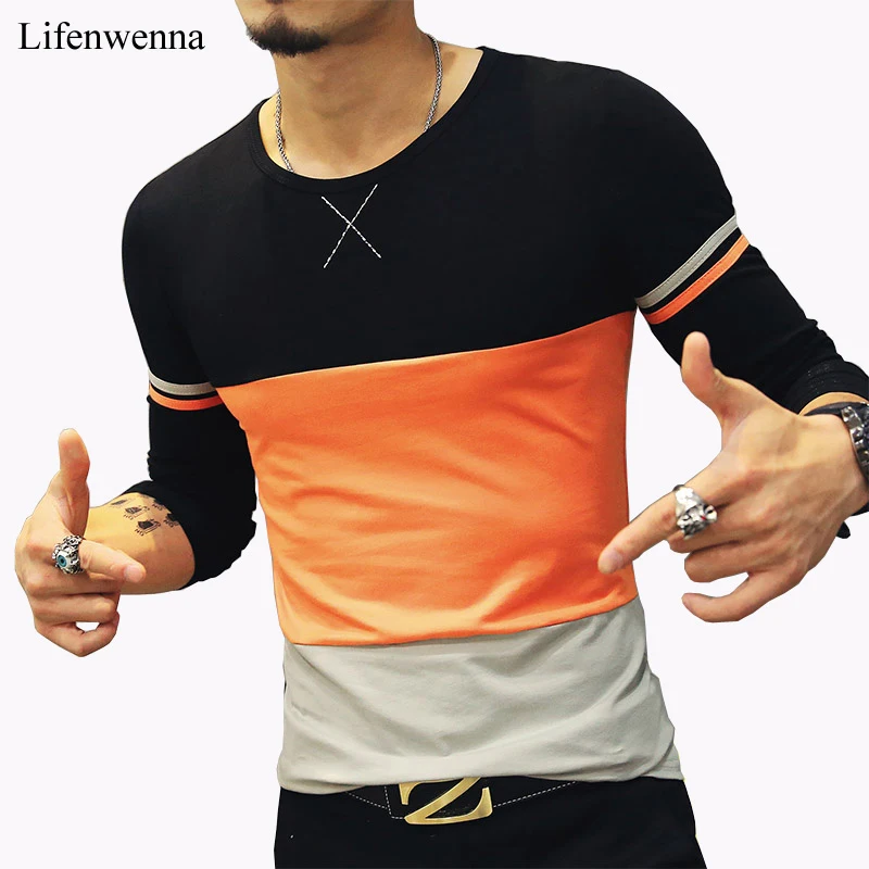 New Fashion T Shirt Men 2019 Autumn Casual Patchwork O-Neck Long-Sleeve Men's T Shirt Slim Fit Mens Clothing Trend Top Tees 5XL