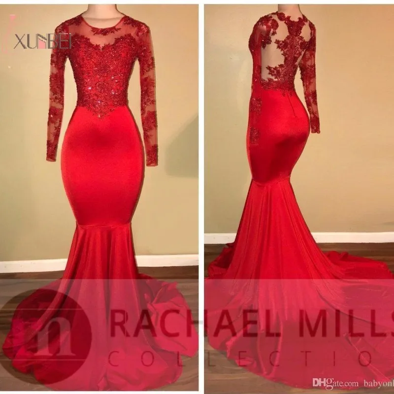 

2019 Customize Red Long Sleeve Mermaid Prom Dresses Lace Applique Beading Prom Gown vestidos de festa Free Fast Shipping