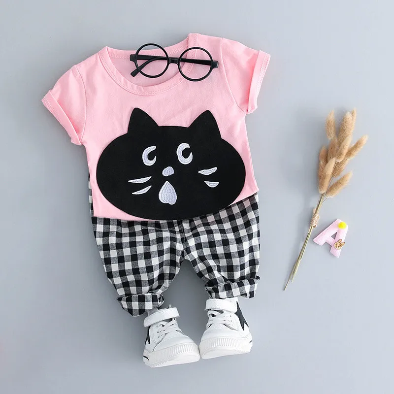 Детская одежда с принтом «Алиса»; Милая футболка с рисунком кота+ клетчатые штаны; комплект из 2 предметов для маленьких мальчиков и девочек 1-4 лет