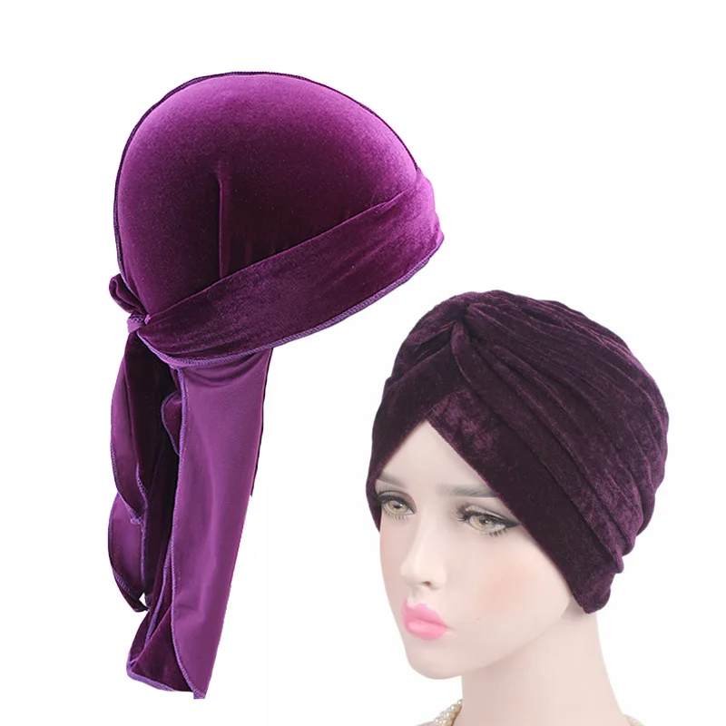 

Velvet durag and turban 2pcs set Men's Velvet Durags Bandana Turban Hat Wigs Doo Durag Pirate Hat Hair Accessories