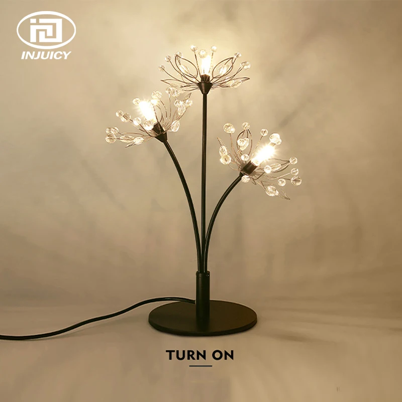 Romantic Dandelion Crystal LED Bedside Table Lamp Metal Night Light