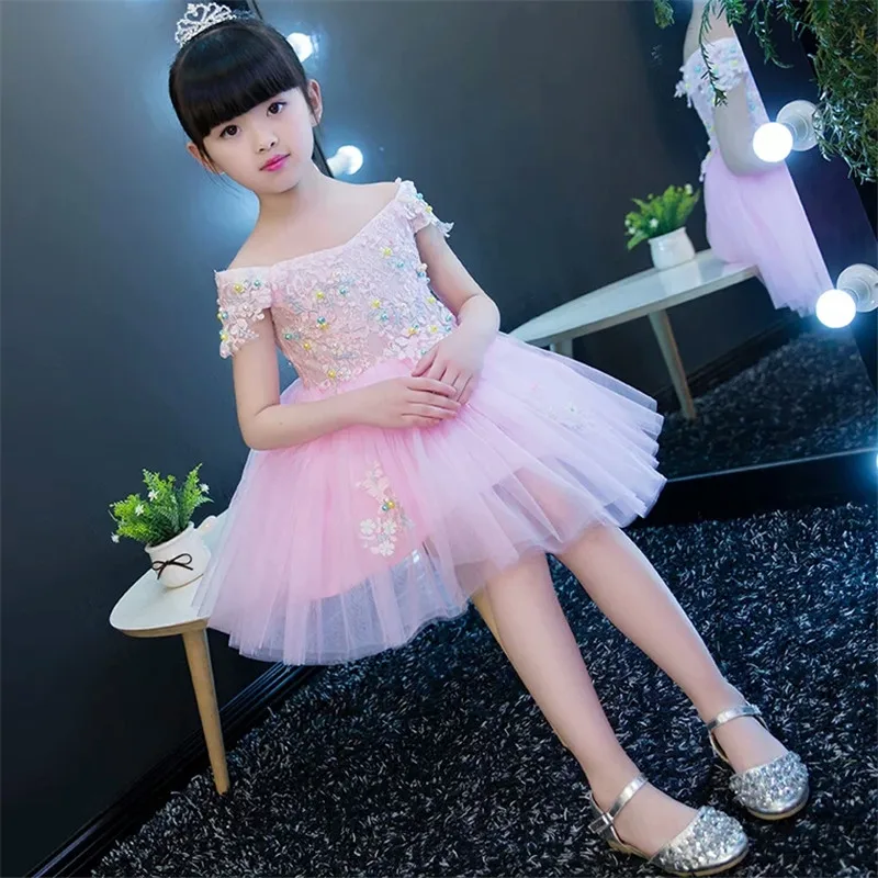 

2017 New Arrival Korean Sweet Pink Color Girls Children Princess Dress Kids Teen Wedding Birthday Party Costume Embroidery Dress