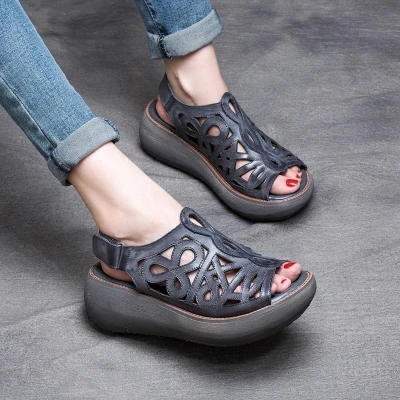 

Tyawkiho Genuine Leather Women Sandals 6 CM High Heels Wedge Summer Shoes Fish Mouth Women Leather Handmade Hollow Out Sandals