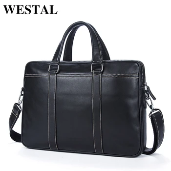 

WESTAL Men Genuine leather Briefcase tote messenger bag men's shoulder bags travel laptop bag for male handbag tote bags 7612