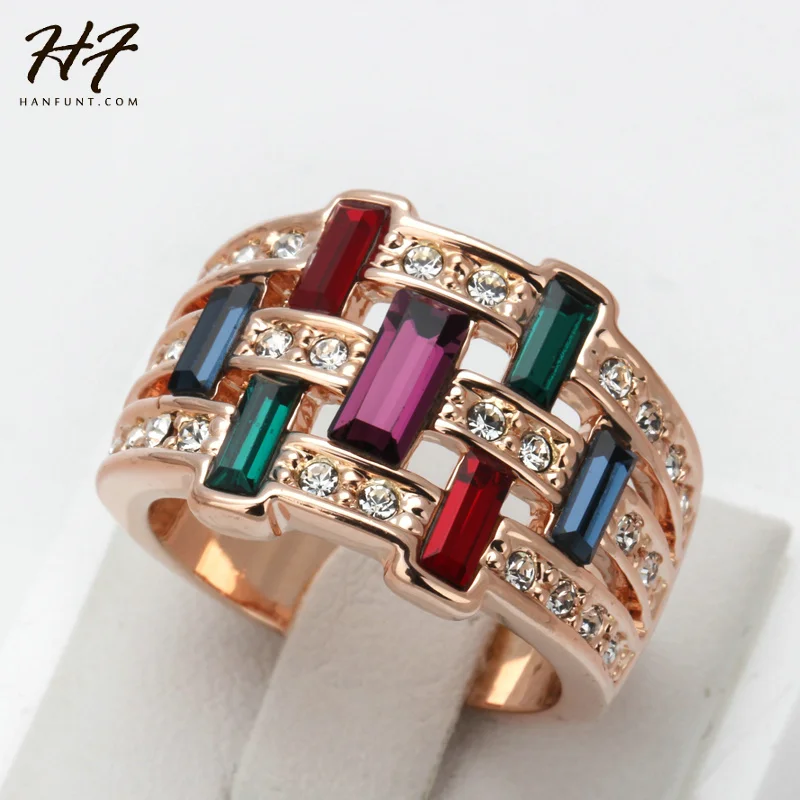 

Top Quality Luxury Retro Multicolor Crystal Ring Rose Gold Color Austrian Crystals Full Sizes Wholesale R141