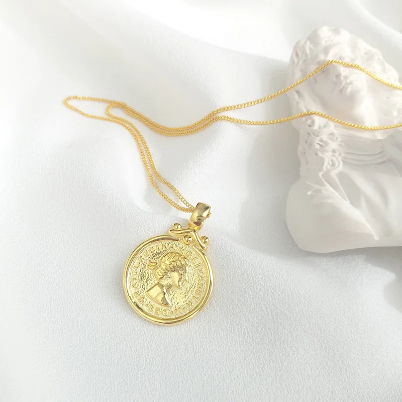 

Fengxiaoling New Fashion S925 Sterling Silver Golden Pendant Necklaces For Women Round Silver Coin Portrait Statement Necklace
