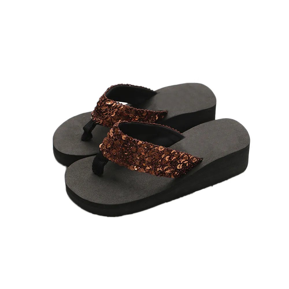 Летние женские Вьетнамки, повседневные Нескользящие шлепанцы с блестками пляжные вьетнамки, плоский сандалии пляж, открытый носок, женская обувь# L5 - Цвет: Coffee