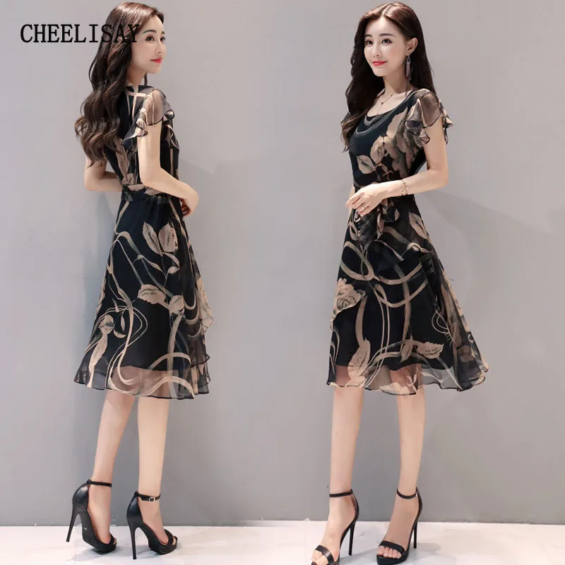 

2019 Women Summer Chiffon Dress Large Outer Space Casual Floral Print Women Dress O Neck Printed Bowknot Chiffon Skater Dress