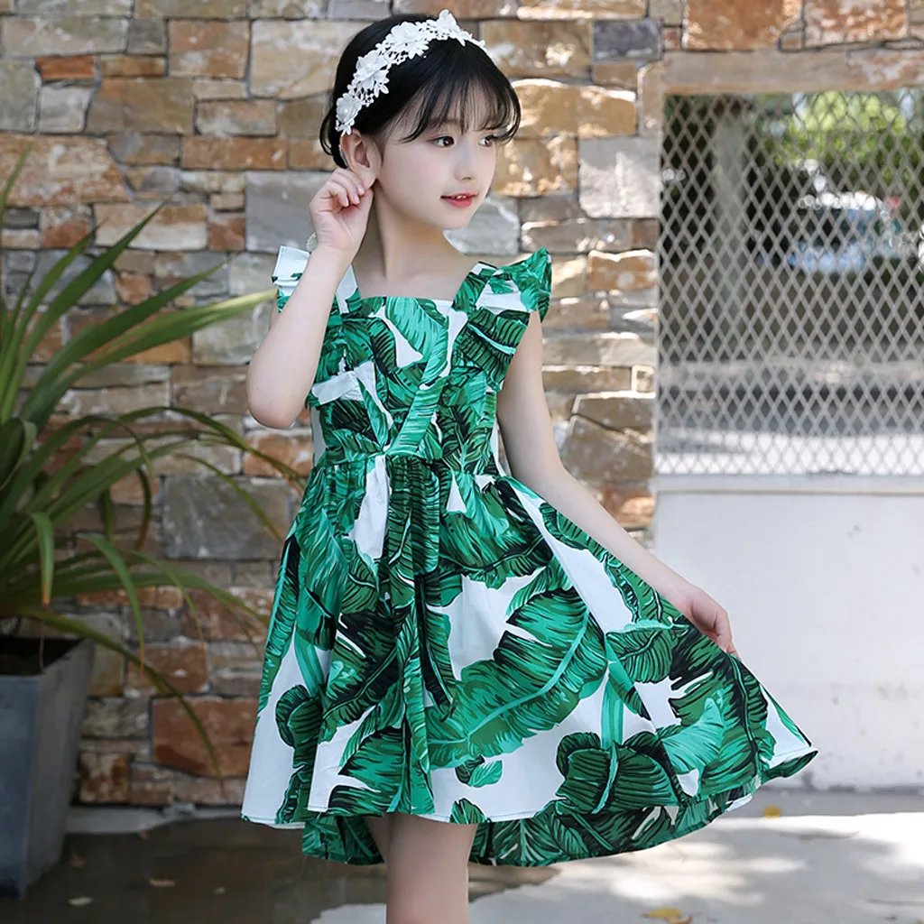

Summer Casual Girls Dress Leaf Print Dovetail Princess Beach Dresses Sleeveless Ruffled Girl Sundress Kids Clothes 3 to 12 Years
