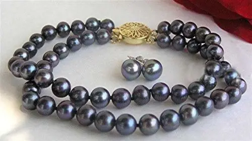 

2015 Charming women hot sale 2Row 7-7.5mm Black Akoya Cultured pearl bracelet 7.5" +Earrings Jewelry Wholesale and retail