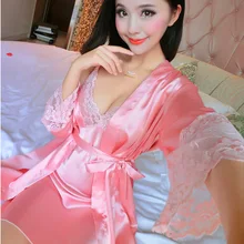 Весенне-летняя Женская Сексуальная атласная Домашняя одежда, женская ночная рубашка, комплект из 2 предметов, халат и ночная рубашка, женское повседневное домашнее платье