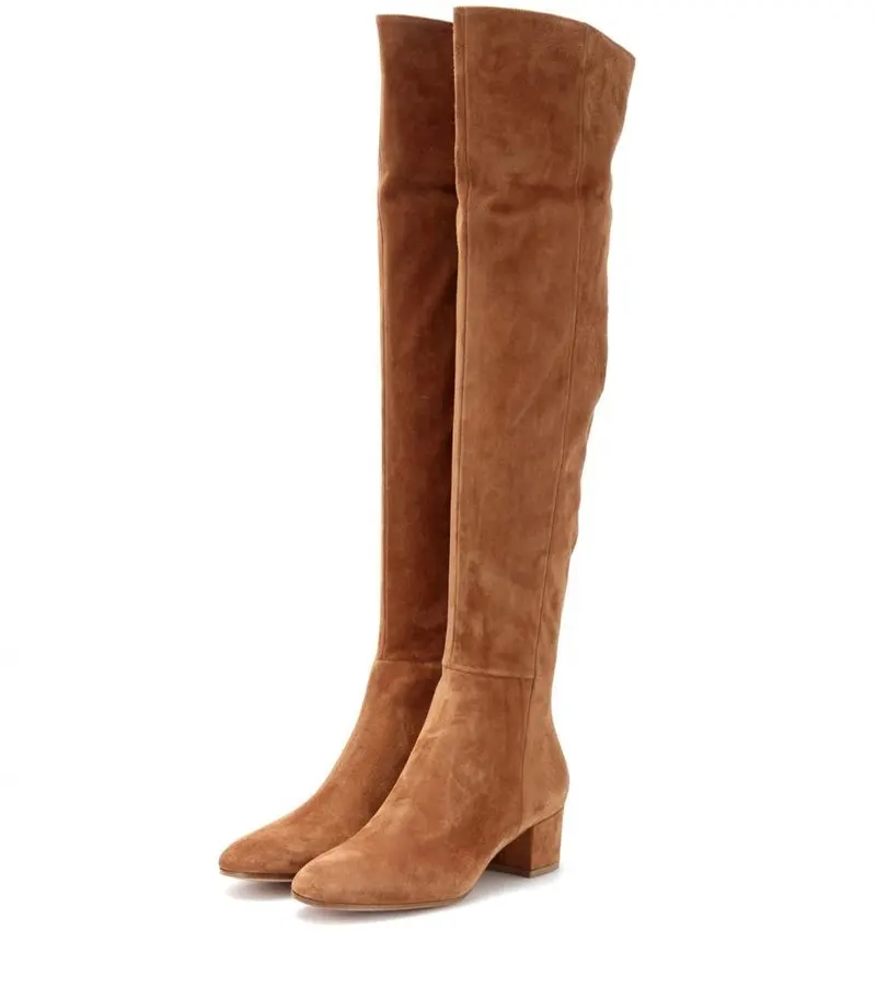 ALLBITEFO/Сапоги выше колена женские сапоги из натуральной коровьей замши на среднем каблуке зимние сапоги на толстом каблуке Размеры: 33-43 - Цвет: brown