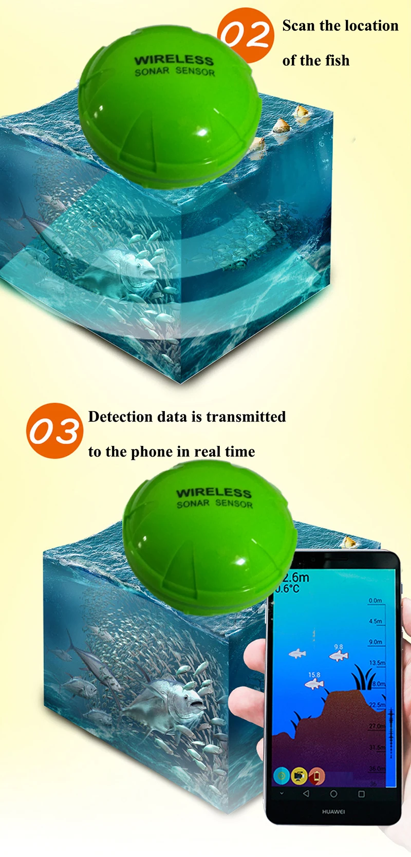 Ecobatímetro para Lago Sensor de Profundidade Portátil sem Fio Peixe Localizador Bluetooth Fishfinder Sonar Mar Pesca Ios & Android 13 Inventor de peixes portátil bluetooth sem fio