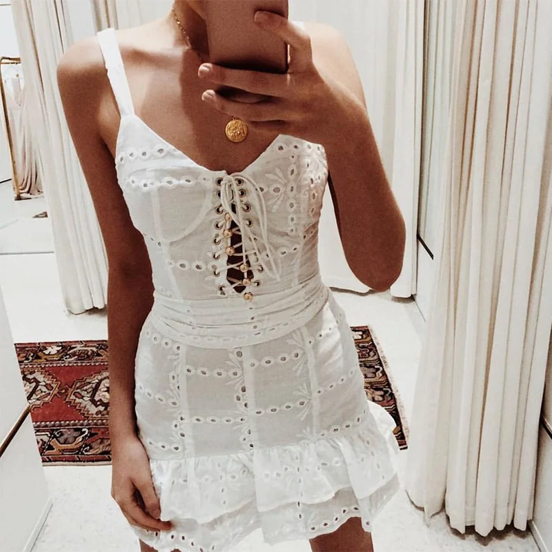 

Women Summer Dress Spaghetti Strap Lace Up Ruffle Mini Embroidery Lace White Dress Bohemian Boho Beach Dress Holiday Sundress