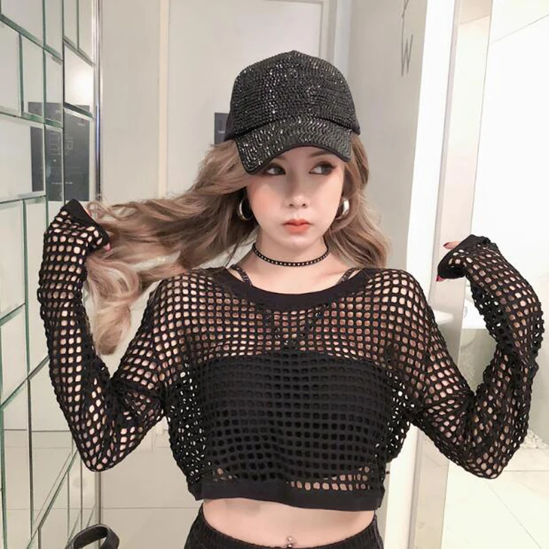 

Hot Sexy T shirts Women Short Length Hollow Out Long Sleeve Mesh Fabric Women Tops Tees Loose Women T-shirt