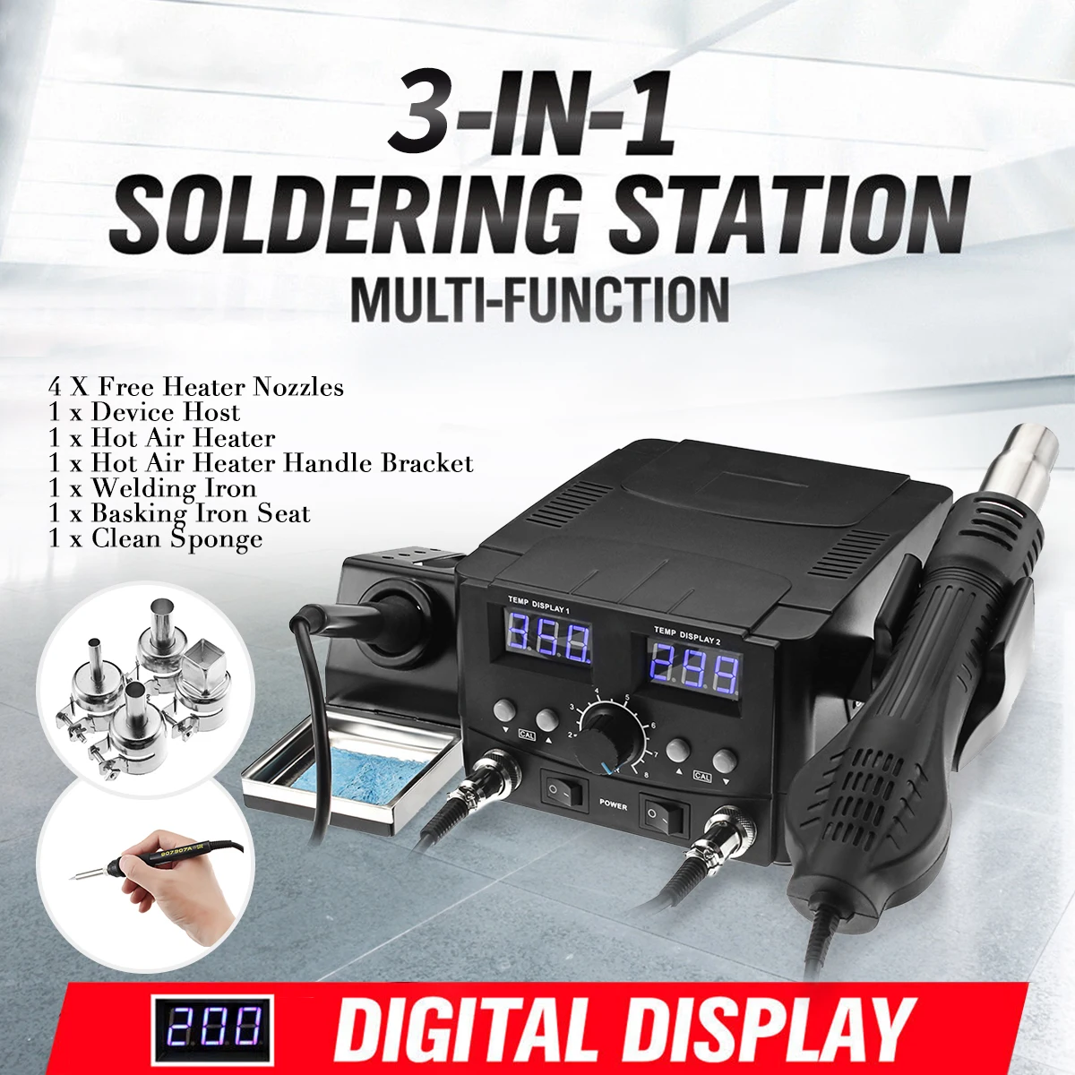 

Dual LCD Digital Displays 2 In 1 Soldering Iron Station Rework Kit Desoldering Hot Air Heater Low Noise Automatic Cooling Tool