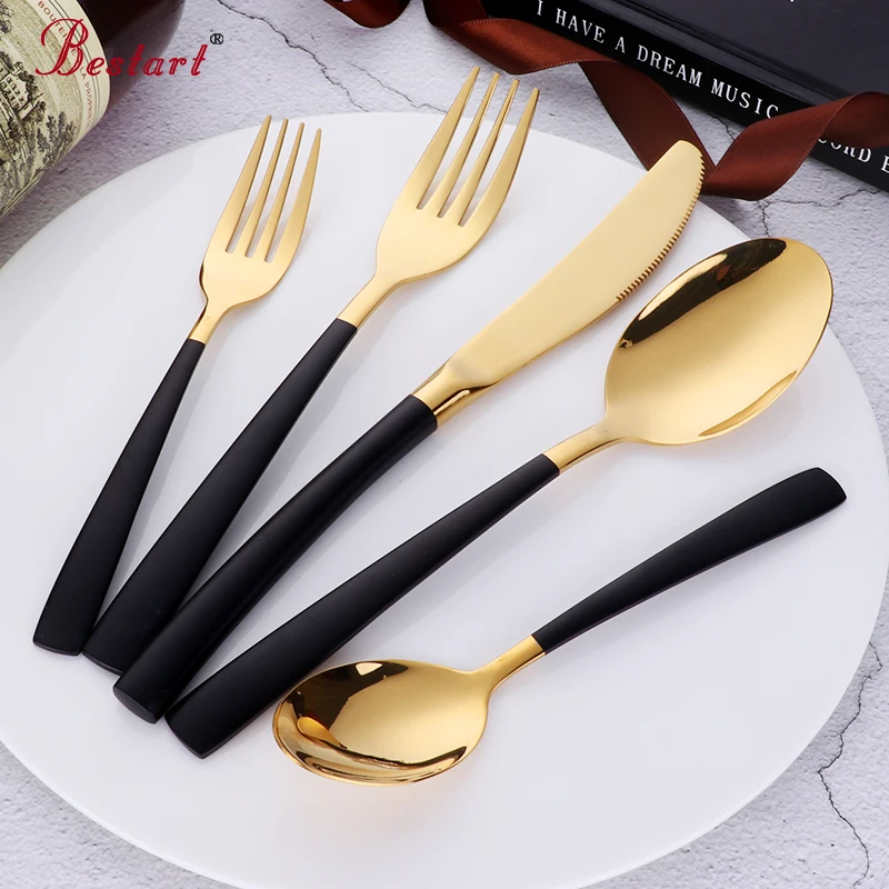 

20pieces Western Elegant Restaurant Golden Cutlery Eco-friendly 18/0 Stainless Steel Star Knife Fork Set Black Handle Dinner Set