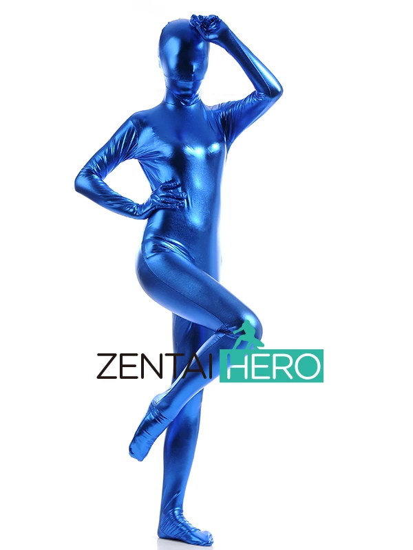 ZentaiHero сексуальный женский Королевский Синий блестящий металлический облегающий