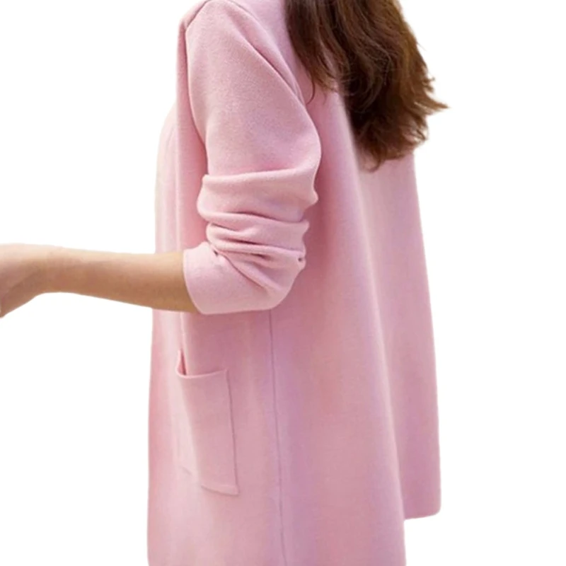 Для девочек повседневное длинный вязаный кардиган Осень корейский для женщин свободные сплошной цвет карман дизайн свитер куртка розово