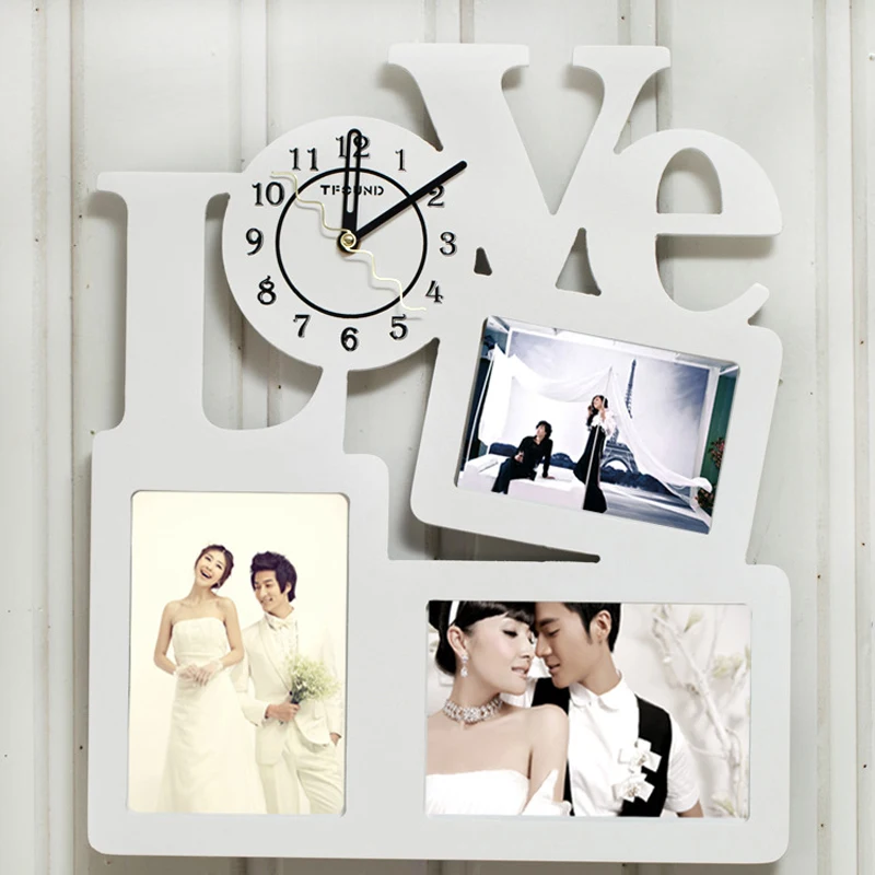 

Modern Wooden Photo Frame Clock with 3 Pictures frame Living Room Art Decor Horloge Murale
