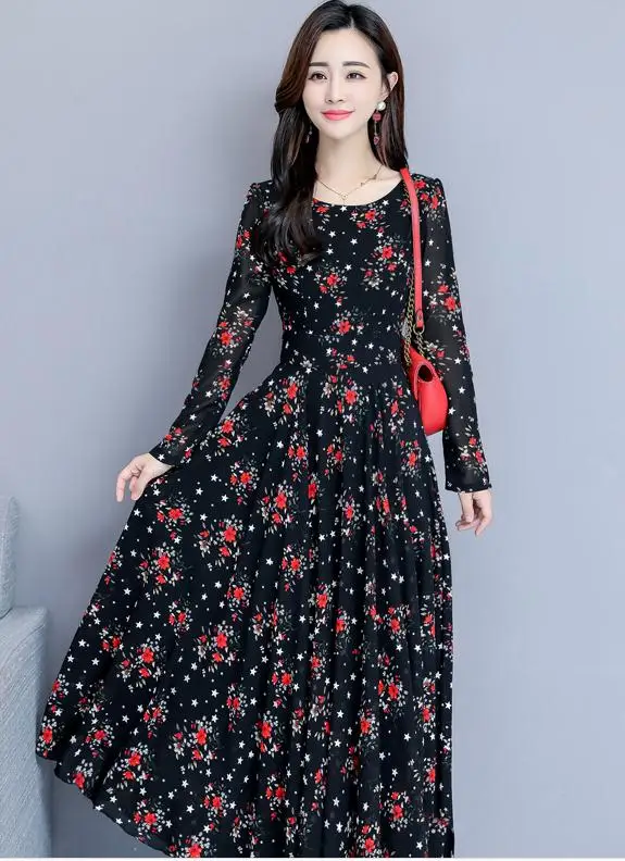 

2019 woman dress in Summer with New style fashion Broken Flower round collar Chiffon Long sleeve dress