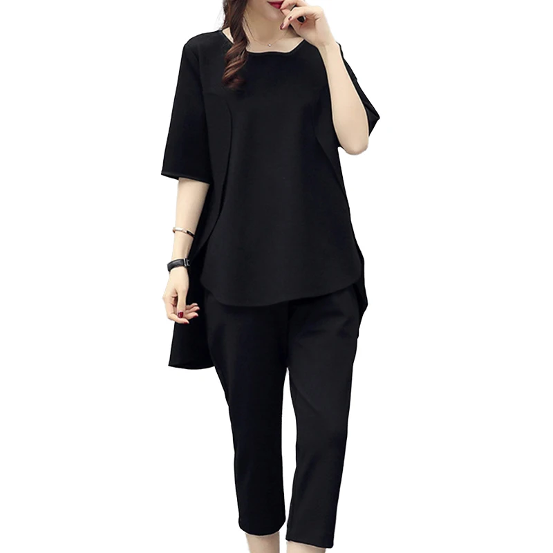 

2018 summer black Round neck short-sleeved cropped trousers loose slim fashion casual tracksuit two piece set women M-4XL