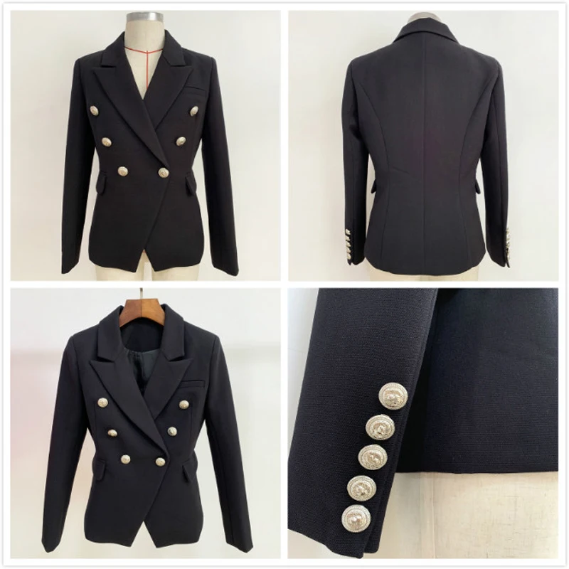 High Quality 2019 Designer Solid Blazer Women's Lion Button Double Breasted Black White Office Lady Blazers Jacket Outwear Coat