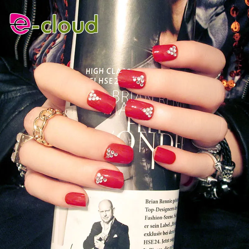 

24 Pcs/Box red Fake Nails With 3D rhinestone Pearl Ect.Design Press On Nails DIY Beauty Acrylic small round head Nail Tips