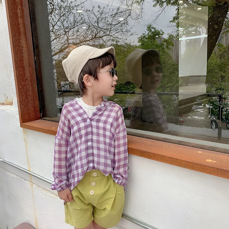 

Summer Korean style fashion boys girls plaid long sleeve shirts kids children thin cool long hooded sun-protective clothing