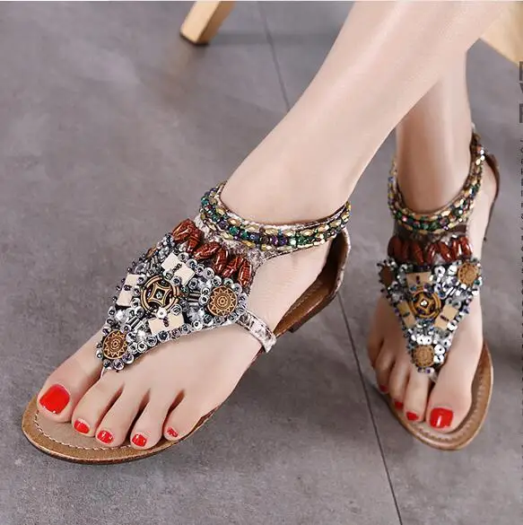 

Sandbeach Flat Heel Women Summer Toe Corium Sandals New Arrival Handwork Beading Antiskid Ethnic Style Casual Sandals