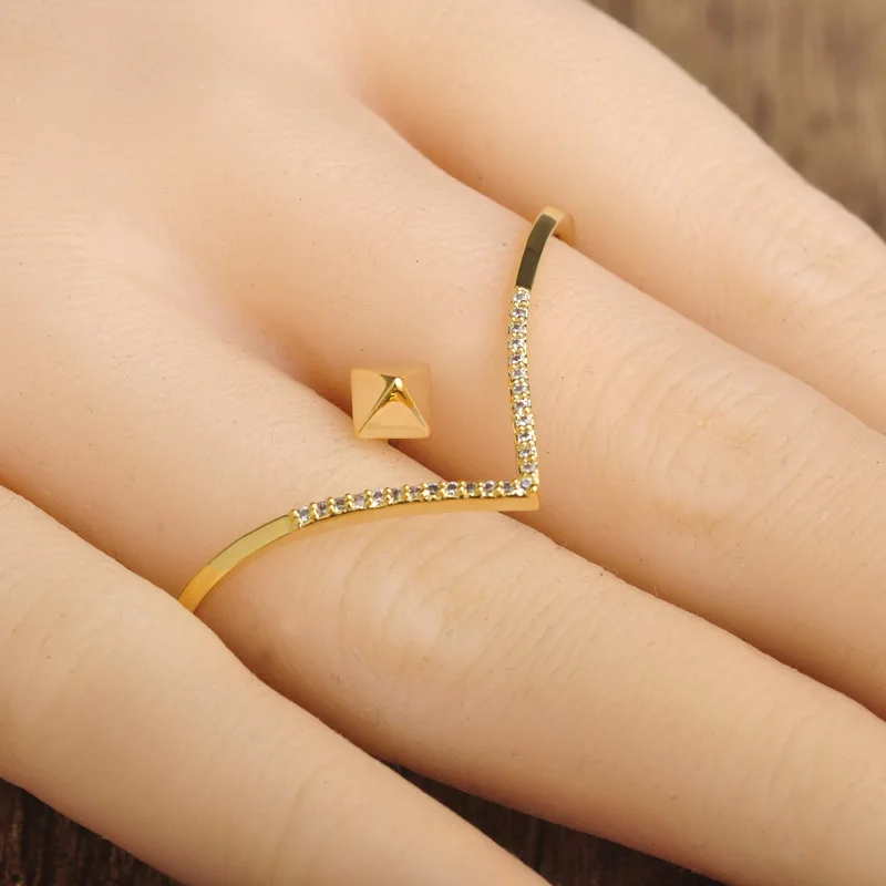 Blucome Роскошные AAA класса циркон два кольца на пальцы любовь Sqaure для женщин Свадебные медные кольца Anel Feminino Joias Ouro Fine Bijuteria - Цвет основного камня: Gold Plated