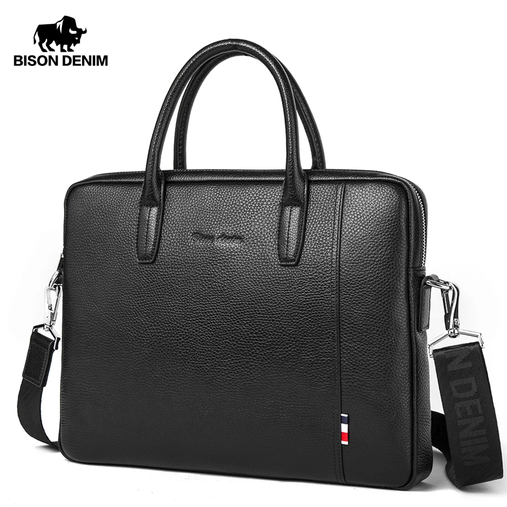 BISON DENIM натуральная кожа мужская сумка высокое качество портфель 14 дюймов для