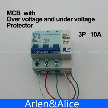 

3P 10A 400V~ 50HZ/60HZ MCB with over voltage and under voltage protection Mini Circuit breaker C45 C type