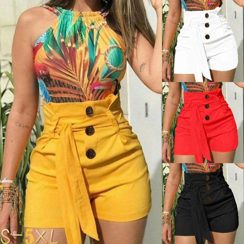 NEW Womens Ladies High Waist Summer Casual Solid Beach Belt Hot Skinny Shorts Black Red White Yellow#N