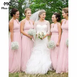 2018 детское розовое платье подружки невесты с открытыми плечами, длинное платье для свадебной вечеринки, шифоновое платье на бретелях