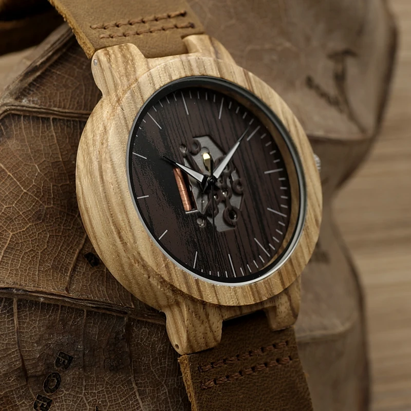 BOBO BIRD Mens Wooden Watches Quartz Watches Genuine Leather Strap Wood Wristwatches Vintage Relogio Masculino C-H29