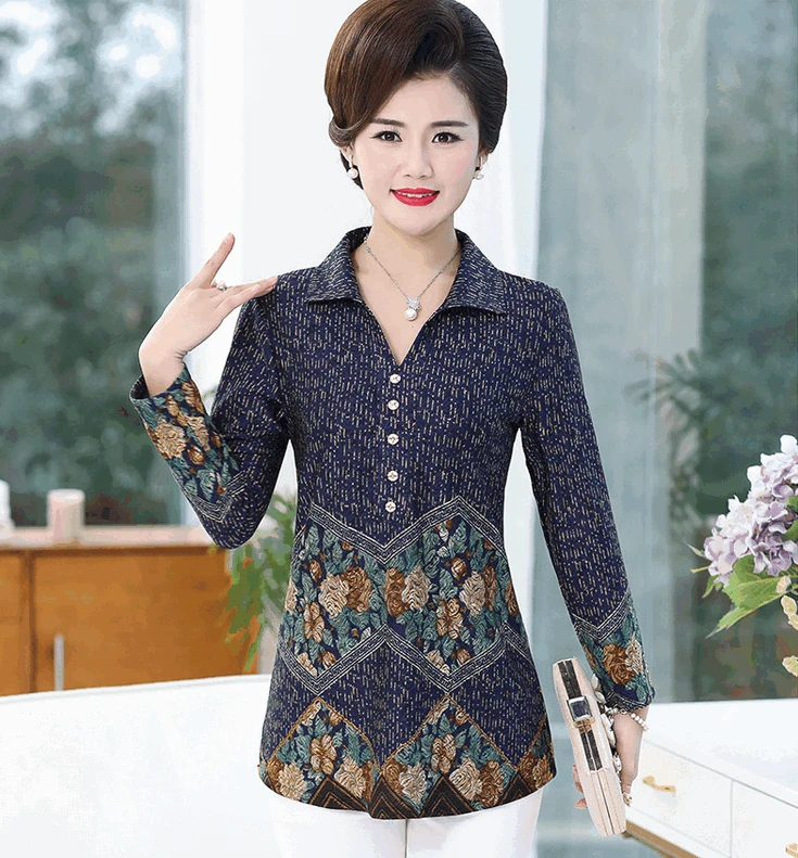 

spring middle age women clothes korean mother long sleeves bottom shirt printed large size tshirt turn-down collar top pullover