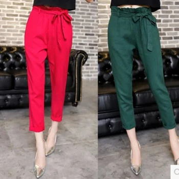 

2019 Women Spring Autumn Harem Pants Cotton Linen Solid Elastic Waist Sashes Harem Trousers For Office Lady Female Black Green