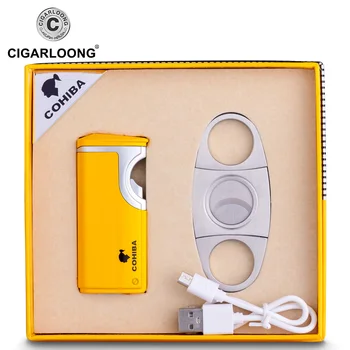 

COHIBA USB Cigar Lighter 2-piece Set Portable Sharpness Stainless Steel Cigar Cutter Windproof Lighter Gift Box Travel Cigar Set