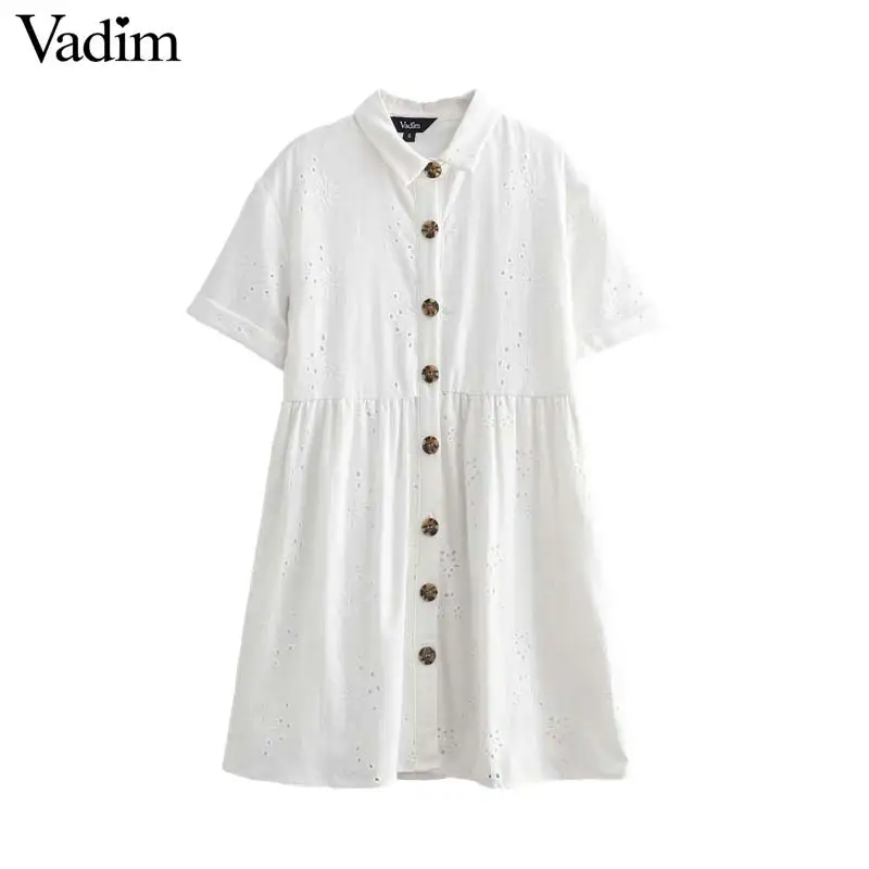 

Vadim women embroidery hollow out mini dress short sleeve turn down collar white sweet casual shirt dresses vestidos QB395
