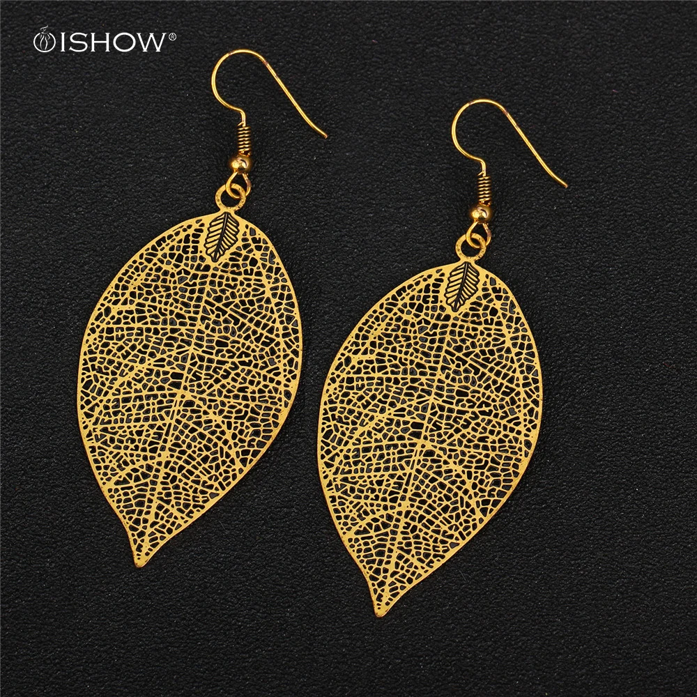 Ethnic Antique Gold Leaf Dangle Earrings Bohemian Hollow Copper