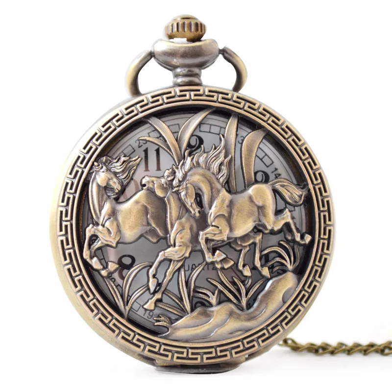 

Retro Three Horses Hollow Bronze Men Women Pointer + Number Quartz Pocket Watch Necklace Pendant With Chain reloj de bolsillo