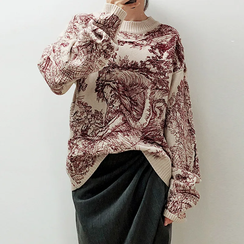 

Women Pullover Sweaters 2019 Runway pullover Fashion forest tiger Embroidery Women's sweater Loose Knitted jumper truien dames