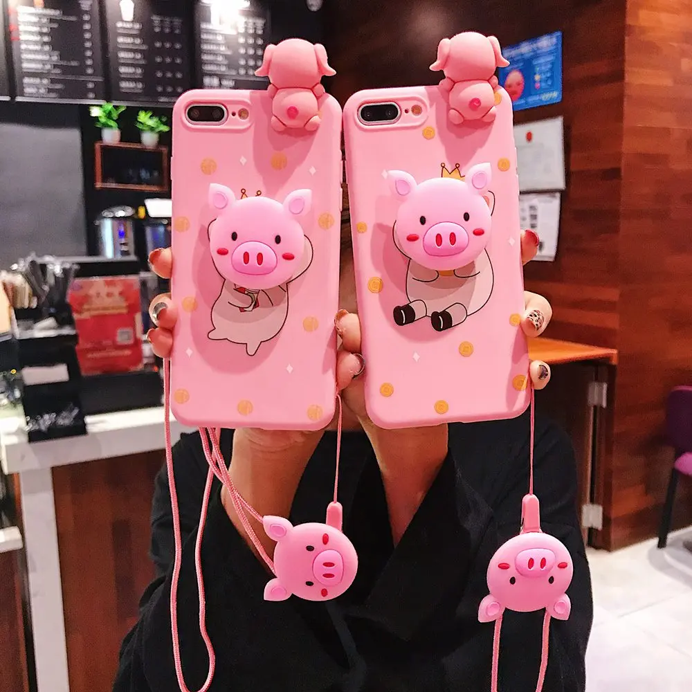 

For iPhone 11 Pro Xs Max Xs XR 6 7 8Plus Case Pig TPU Case Funny Pink Pig Nose Soft Phone Strap DIY Doll Toys Rope Case