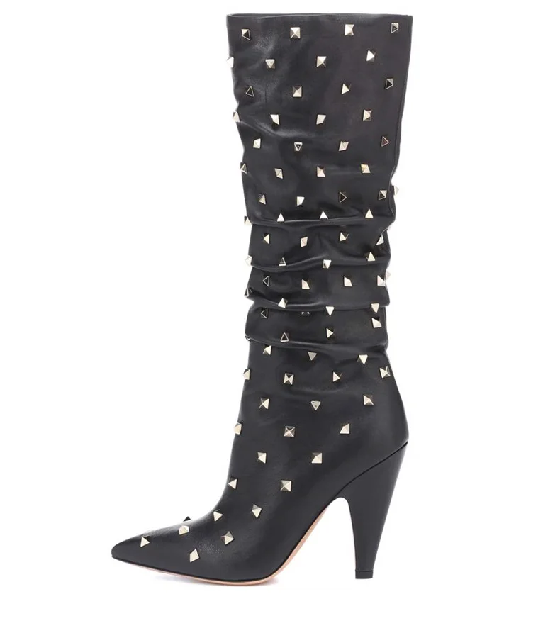 

Flock Motorcycle Boots for Women Shoes Sexy Half Mid Calf Super Spike Heel Boots Black Pointed Toe Rivet Botas Mujer Free Ship