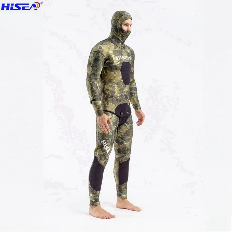 Hisea 3,5 мм Мужской Камуфляжный костюм для дайвинга YAMAMOTO SCR неопреновый костюм для подводной охоты теплый с шапкой с капюшоном freediving Гладкий гидрокостюм для голени